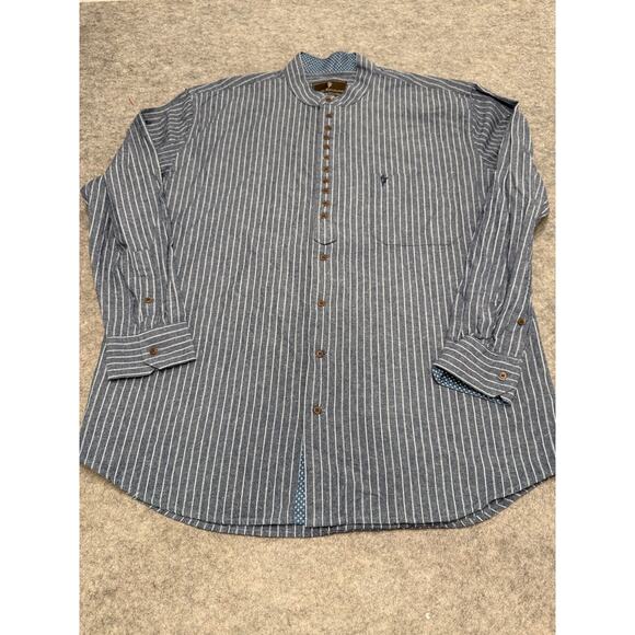 Celtic Ranchwear Shirt L Blue White Stripe Band Collar Button Cotton Linen - Picture 1 of 9